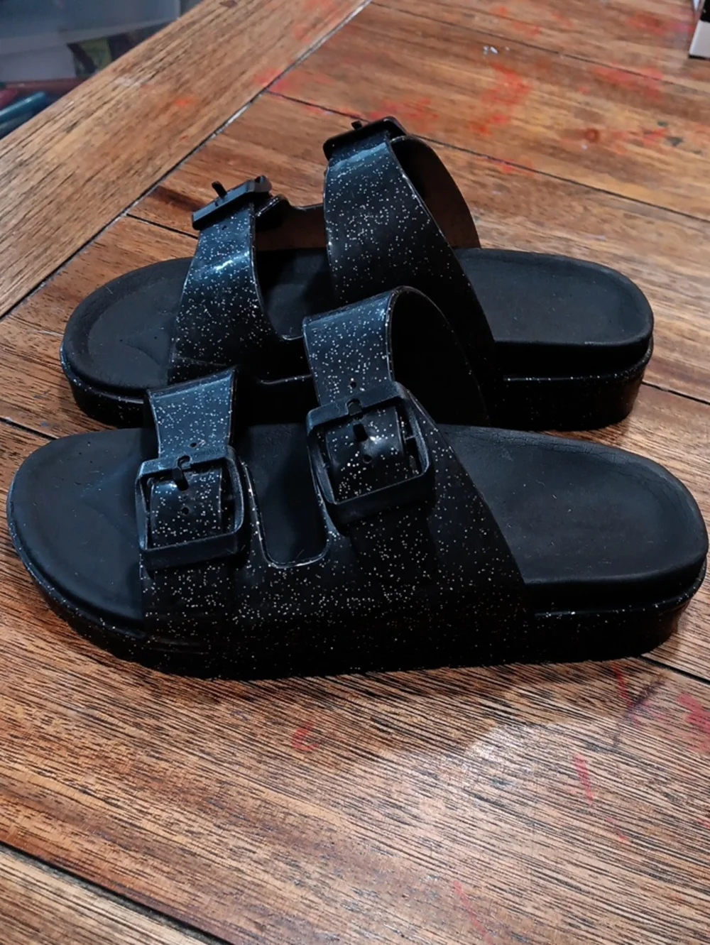 Kids Black Glitter Double-Buckle Sandals